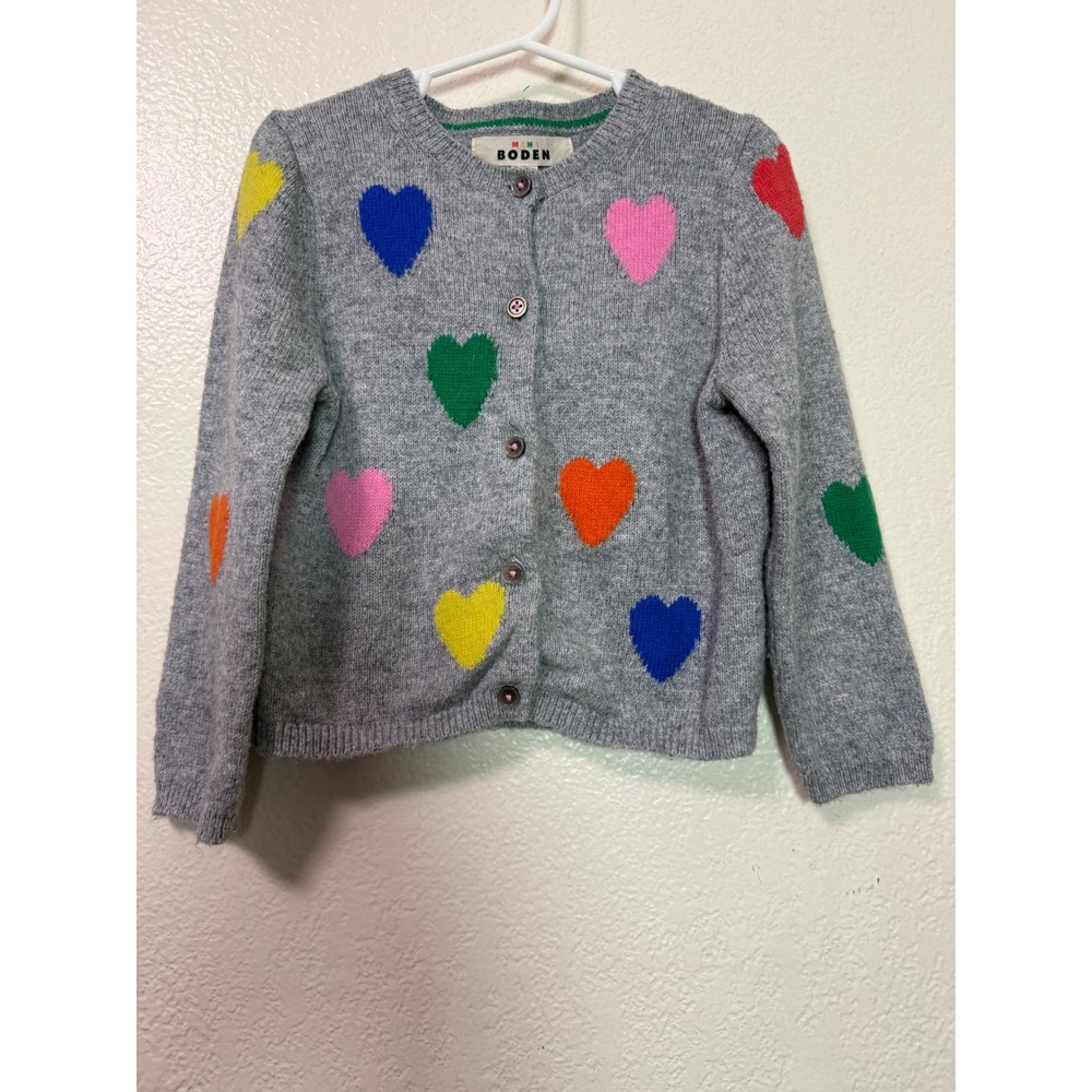 Mini Boden Girls Grey Multi Color Rainbow Heart Knit Cardigan Sweater 3-4Y